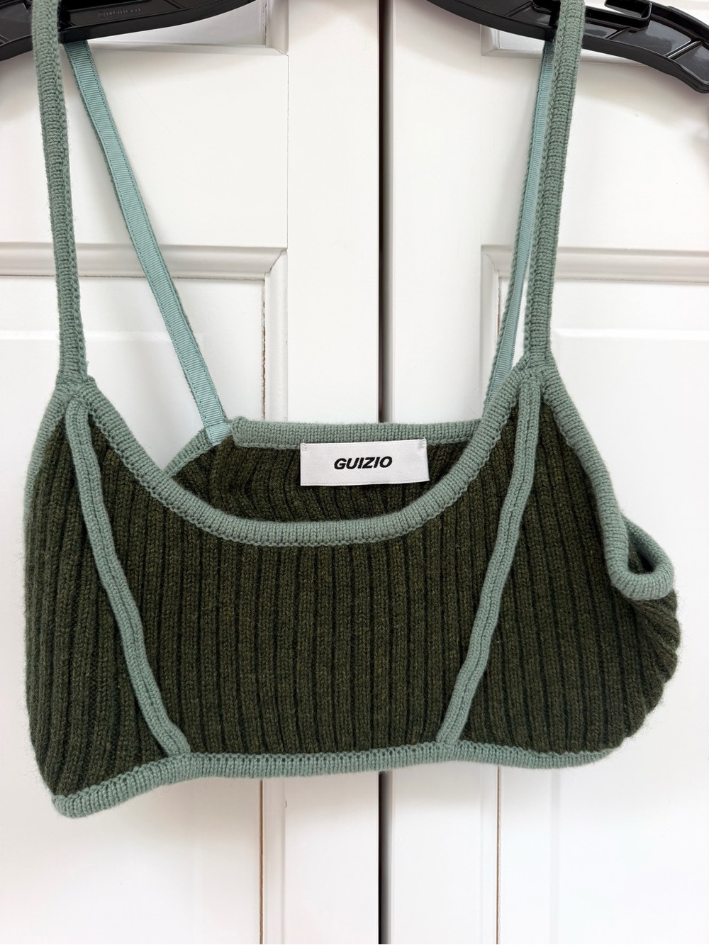 GUIZIO Olive Green Ribbed Knit Bralette with Mint Trim